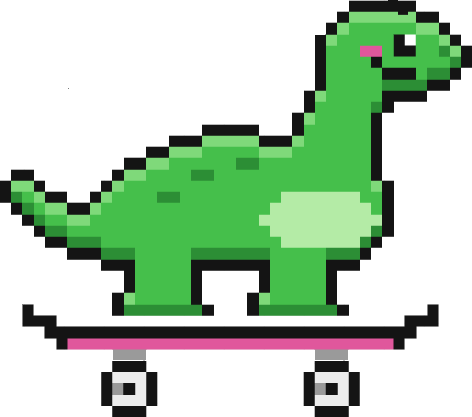 Green pixel-art dinosaur on a pink skateboard